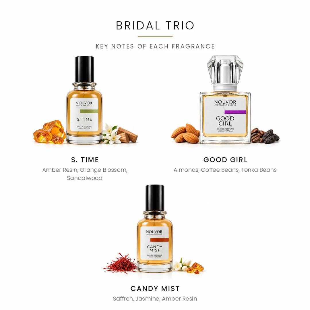 Bridal Trio Key Notes of S. Time, Good Girl and Candy Mist | Nouvor Perfumes Pakistan