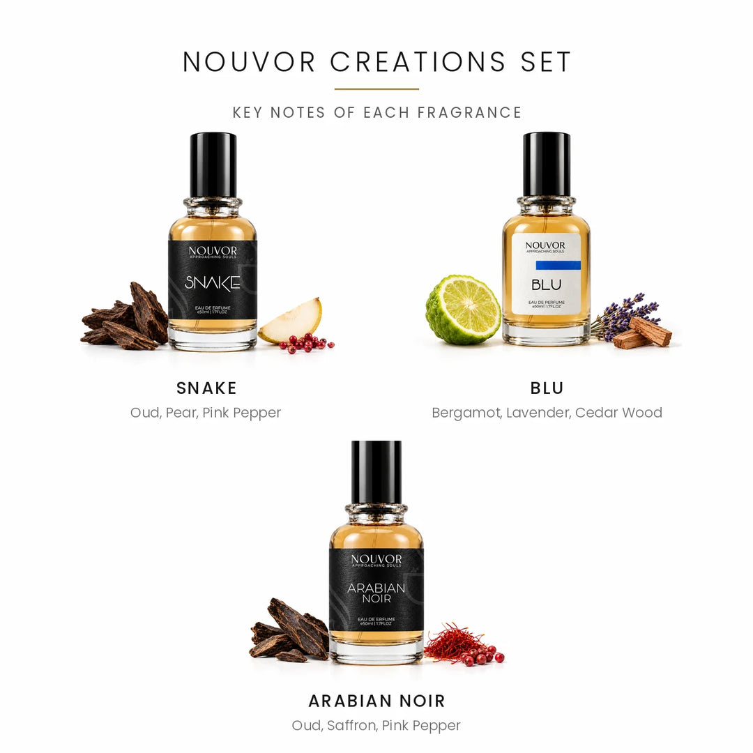 NOUVOR Creations Set Key Notes of Snake, Blu and Arabian Noir | Nouvor Perfumes Pakistan