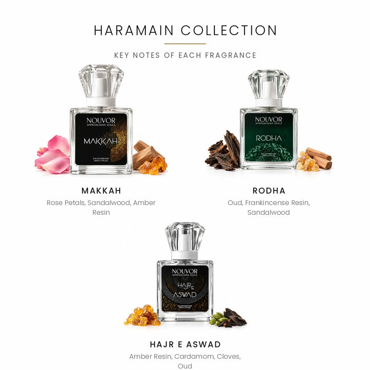 Haramain Collection Key Notes of Makkah, Rodha and Hajr e Aswad | Nouvor Perfumes Pakistan