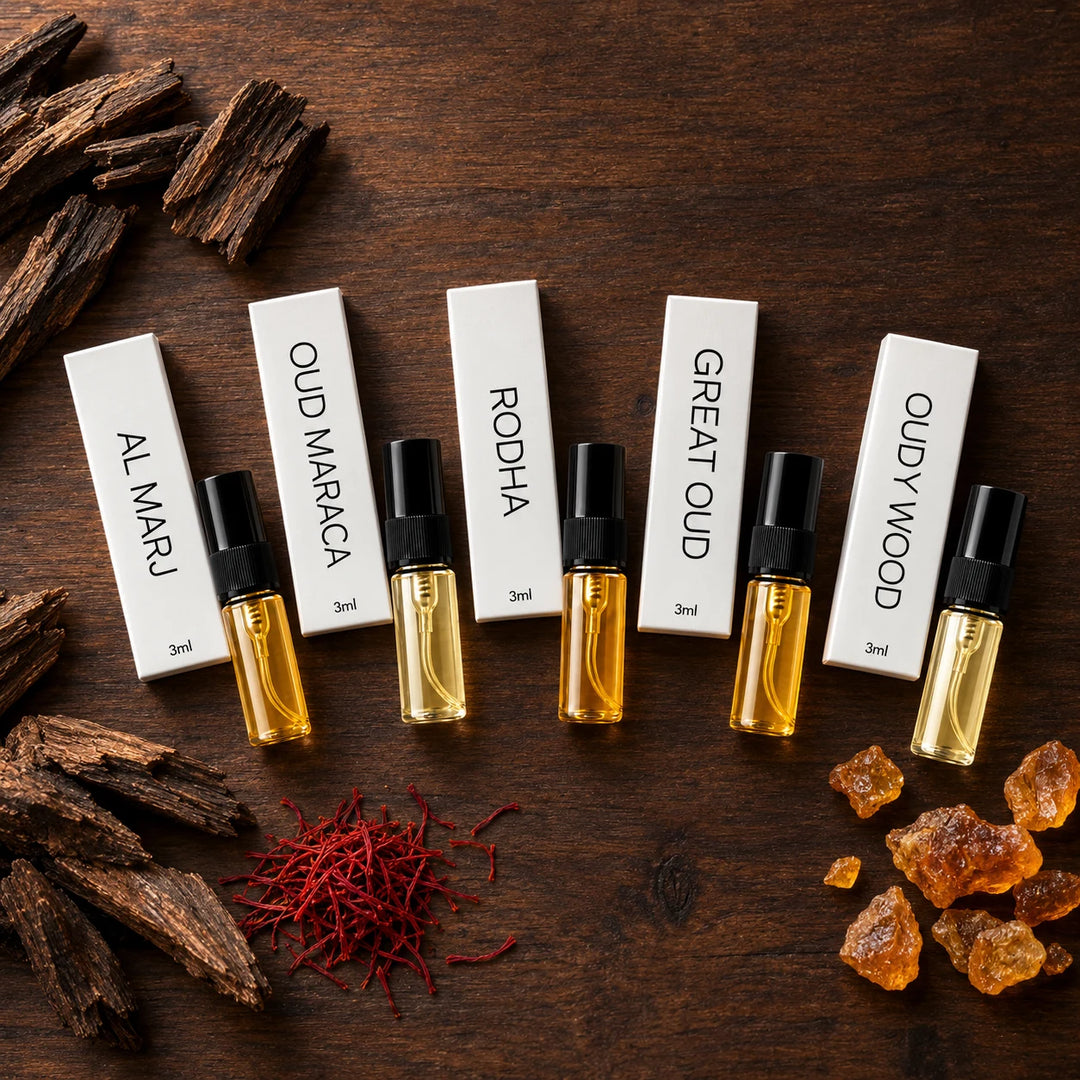 Oud Tester Kit Flat Lay with Oud Wood, Saffron and Amber | Nouvor Perfumes Pakistan