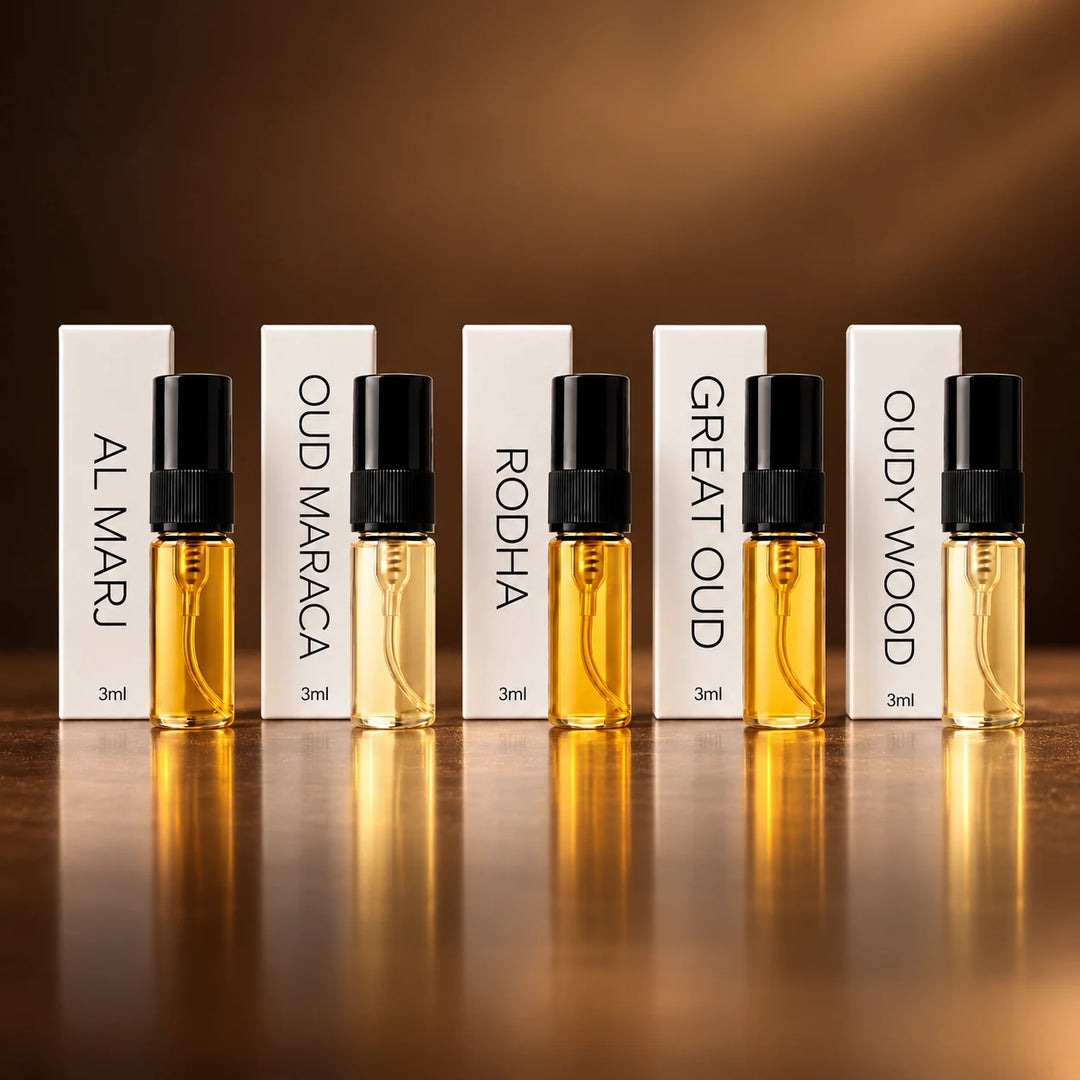 Oud Tester Kit with 5 NOUVOR 3ml Perfume Testers Al Marj, Oud Maraca, Rodha, Great Oud, Oudy Wood | Nouvor Perfumes Pakistan
