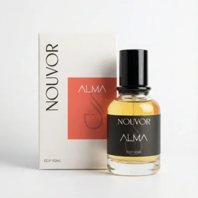 Nouvor Alma refined floral woody perfume bottle with premium packaging box